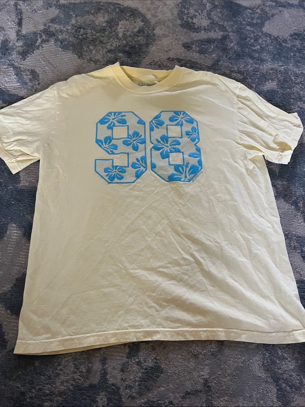 riot society Pale Yellow Short Sleeve Tee with Blue Floral '98' Print